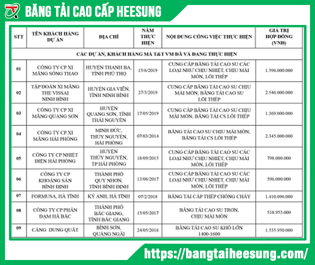 Dự án đã triển khai Băng Tải Cao Su Lõi Thép